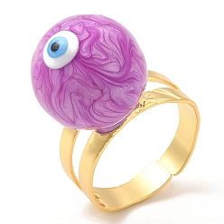 Dark Orchid Enamel Round with Evil Eye Beaded Open Cuff Ring, Real 18K Gold Plated Brass Jewelry for Women, Dark Orchid, Inner Diameter: 20mm