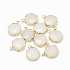 Creamy White Natural White Jade Pendants, with Brass Findings, Faceted, Dyed, Flat Round, Golden, Creamy White, 19~21x15~16x6~7mm, Hole: 2mm