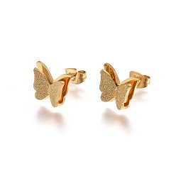 Golden 304 Stainless Steel Stud Earrings, Hypoallergenic Earrings, Textured, Butterfly, Golden, 10x12x3.5mm, Pin: 0.8mm