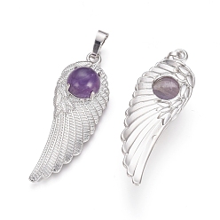 Amethyst Natural Amethyst Pendants, with Platinum Tone Brass Findings, Wing, 47x16x7.5mm, Hole: 7x5mm