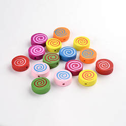 Mixed Color Natural Wood Beads, Lead Free, Dyed, Flat Round With Spiral Pattern, Mixed Color, 17~18x6mm, Hole: 2mm, about 590pcs/500g