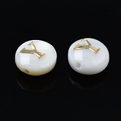 Letter Y Natural Freshwater Shell Beads, with Golden Plated Brass Etched Metal Embellishments, Flat Round with Letter, Seashell Color, Letter.Y, 6x4mm, Hole: 0.8mm