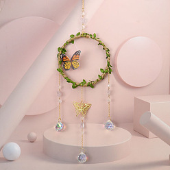 Ring Feuille papillon corde de chanvre enveloppée ornements suspendus, Attrape-soleil en verre avec pompon en forme de larme pour la décoration extérieure de la maison, anneau, 500mm