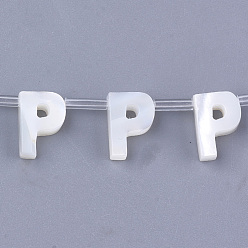 Letter P Perles de coquillage de mer naturelle, coquille de nacre blanche, perles percées, letter.p, 10x2.5~11.5x3mm, Trou: 0.8mm