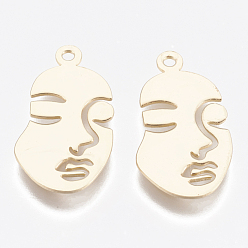 Real 18K Gold Plated Brass Pendants, Face, Nickel Free, Real 18K Gold Plated, 20x11x0.5mm, Hole: 1mm