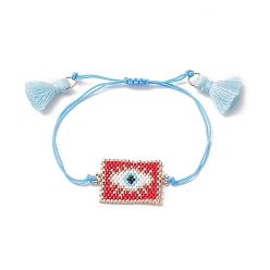 Evil Eye Bracelets de perles tressées rectangle de graines japonaises faites à la main, bracelet à breloques pompon pour femme, Motif de l'œil maléfique, pendentif: 33x21x1.5 mm, diamètre intérieur maximal : 3-1/2 pouce (9 cm)