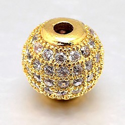 Real 18K Gold Plated Round Brass Micro Pave Cubic Zirconia Beads, Clear, Real 18K Gold Plated, 10mm, Hole: 2mm