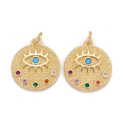 Real 18K Gold Plated Brass Micro Pave Colorful Cubic Zirconia Pendants, Cadmium Free & Nickel Free & Lead Free, Flat Round with Eyes, Real 18K Gold Plated, 20x18x2mm, Jump Ring: 5x1mm, Inner Diameter: 3.5mm.