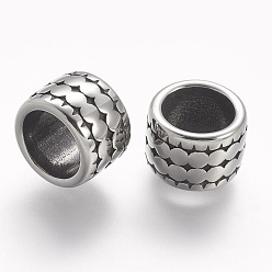 Antique Silver 304 Stainless Steel Beads, Column, Large Hole Beads, Antique Silver, 12x8mm, Hole: 8mm