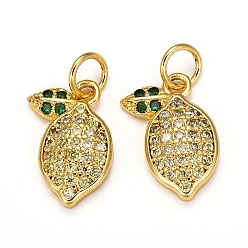 Golden Brass Micro Pave Cubic Zirconia Charms, with Jump Rings, Long-Lasting Plated, Lemon, Lemon Chiffon, Golden, 14x10x3mm, Hole: 1.5mm
