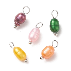 Platinum Dyed Natural Cultured Freshwater Pearl Rice Charms, with Brass Ball Head Pins, Mixed Color, Platinum, 13x5mm, Hole: 3.2mm