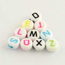Mixed Color Opaque Acrylic Flat Round Beads, Horizontal Hole Letter Beads, Mixed Color, 7x4mm, Hole: 2mm, about 3600pcs/500g
