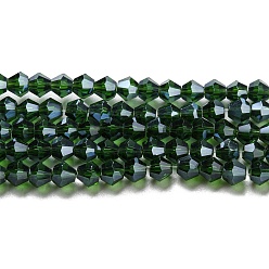 Verde Oscuro Transparentes cuentas de vidrio electroplate hebras, lustre de la perla chapado, facetados, bicono, verde oscuro, 3x2.5 mm, agujero: 0.7 mm, sobre 162~185 unidades / cadena, 12.76~14.61 pulgada (32.4~37.1 cm)