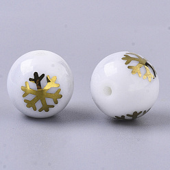 Plaqué Or Perles de verre opaque de Noël, rond avec motif de flocon de neige galvanoplastie, plaqué or, 10mm, Trou: 1.2mm