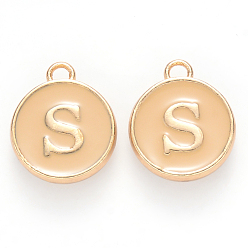 Letter S Golden Plated Alloy Enamel Charms, Cadmium Free & Lead Free, Enamelled Sequins, Flat Round with Letter, Wheat, Letter.S, 14x12x2mm, Hole: 1.5mm