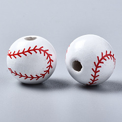 White Painted Natural Wood European Beads, Large Hole Beads, Printed, Baseball, White, 16x15mm, Hole: 4mm