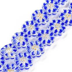Blue Handmade Lampwork Beads Strands, Flower, Blue, 13.5x6.5mm, Hole: 0.7mm, about 28pcs/strand, 15.12''(38.4cm)