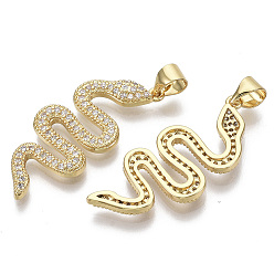 Real 16K Gold Plated Brass Micro Pave Cubic Zirconia Pendants, with Brass Snap On Bails, Nickel Free, Snake, Clear, Real 16K Gold Plated, 29.5x12.5x2mm, Hole: 4x3.5mm