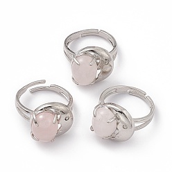 Rose Quartz Natural Rose Quartz Oval with Crescent Adjustable Ring, Platinum Brass Jewelry for Women, Cadmium Free & Nickel Free & Lead Free, US Size 7 3/4(17.9mm)