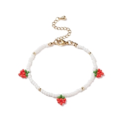 Red Glass Seed Braided Strawberry Charms Bracelet for Women, Red, 7-5/8 inch(19.5cm), Pendants: 10x8.5x3mm
