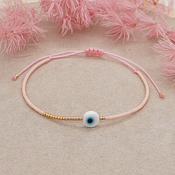 Rose Nacré Bracelet réglable en perles tressées avec mot de passe mauvais œil, perle rose, 11 pouce (28 cm)