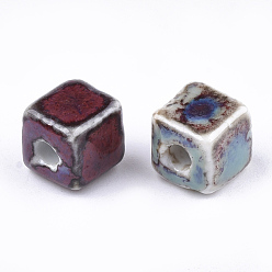 Colorful Handmade Porcelain Beads, Fancy Antique Glazed Porcelain, Cube, Colorful, 8x7.5~8x7.5~8mm, Hole: 1.5~2mm