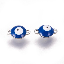 Marine Blue 304 Stainless Steel Enamel Links connectors, Flat Round with Evil Eye, Stainless Steel Color, Marine Blue, 9.5x6x3.5mm, Hole: 1.2mm