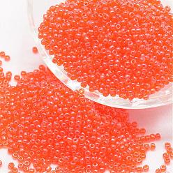 Coral 8/0 Glass Seed Beads, Grade A, Round, Transparent Colours Lustered, Coral, 2.8~3.2mm, Hole: 1.0mm, about 15000pcs/pound