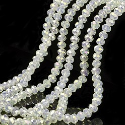 Clear Electroplate Glass Beads Strands, Imitation Jade Beads, Full Rainbow Plated, Faceted, Rondelle, Clear, 6x5mm, Hole: 1mm, about 85~88pcs/strand, 16.1~16.5 inch(41~42cm)