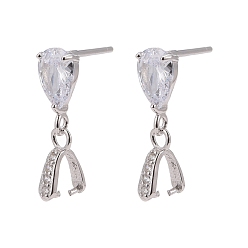 Platinum Rhodium Plated 925 Sterling Siler Dangle Stud Earing Settings, with Cubic Zirconia, Platinum, 17mm, Pin: 0.3mm and 0.6mm, 4mm inner diameter