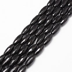 Black Onyx Natural Black Onyx Beads Strands, Grade A, Dyed & Heated, Faceted, Rice, 16x6mm, Hole: 1mm, about 25pcs/strand, 15.16 inch~15.35 inch