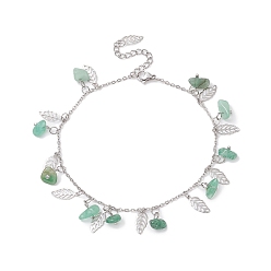 Aventurine Verte Bracelet de cheville chips d'aventurine verte naturelle et breloques feuilles, 304 bijoux en acier inoxydable pour femmes, 9~9-1/8 pouce (22.8~23 cm)