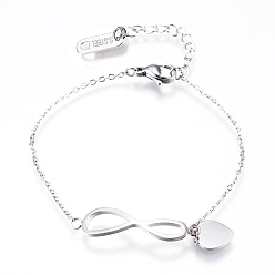 Stainless Steel Color 304 Stainless Steel Link & Charm Bracelets, with Lobster Claw Clasps, Infinity with Heart, Stainless Steel Color, 6-3/8 inch(163mm)