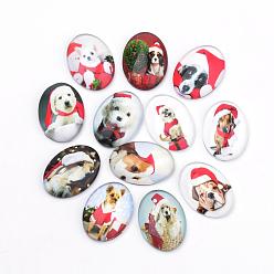 Mixed Color Christmas Theme Puppy Photo Flatback Glass Cabochons, for DIY Projects, Dog with Christmas Hat Pattern, Oval, Mixed Color, 25x18x5.5mm