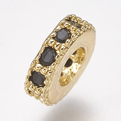 Golden Brass Micro Pave Cubic Zirconia Bead Spacers, Flat Round, Black, Golden, 6x2mm, Hole: 2.5mm