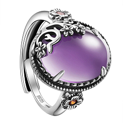 Purple SHEGRACE 925 Sterling Silver Adjustable Rings, with Grade AAA Cubic Zirconia, Oval with Flower, Antique Silver, Purple, US Size 9, Inner Diameter: 19mm