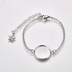Stainless Steel Color 304 Stainless Steel Bracelet Making, with Lobster Claw Clasps, Cable Chains and Flat Round Cabochon Settings, Stainless Steel Color, Tray: 12mm, 5-1/2 inch(14cm)