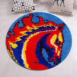 Horse Flat Round Latch Hook Rug Kit, DIY Rug Crochet Yarn Kits, Including Color Printing Screen Section Embroidery Pad, Needle, Acrylic Wool Bundle, Horse Pattern, 450x1.5mm