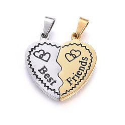 Golden & Stainless Steel Color 304 Stainless Steel Split Pendants, with Enamel, Heart with Word Best Friends, Golden & Stainless Steel Color, 28x26.5x2.5mm, Hole: 8x4mm, One Side: 28x13.5x2.5mm, Another Side: 28x14.5x2.5mm