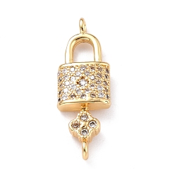 Real 18K Gold Plated Brass Micro Pave Clear Cubic Zirconia Links Connectors, Long-Lasting Plated, Lock with Key, Real 18K Gold Plated, 24x8x2.5mm, Hole: 1.4mm