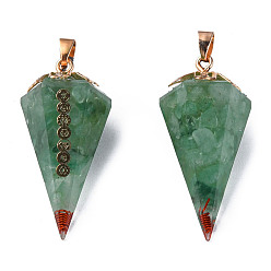 Green Aventurine Natural Green Aventurine Chip Pendants, Cone Charm, with Resin and Light Gold Plated Brass Findings, 39x19x19mm, Hole: 3x4mm