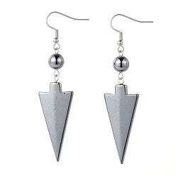 Non-magnetic Hematite Non-Magnetic Synthetic Hematite Dangle Earrings, with 304 Stainless Steel Earring Hooks, Triangle and Round, 74~75mm, Pin: 0.7mm