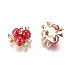 Rouge Cabochons en alliage, avec strass en cristal et perle d'imitation acrylique, fleur, or et de lumière, rouge, 19~20x21~22x10mm