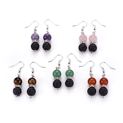 Platinum Brass Dangle Earrings, with Natural Gemstone Beads, Natural Lava Rock Beads and Iron Findings, 50mm, Pin: 0.7mm