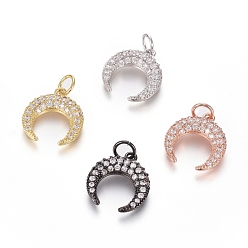 Mixed Color Brass Micro Pave Cubic Zirconia Pendants, with Jump Ring, Long-Lasting Plated, Double Horn/Crescent, Clear, Mixed Color, 15x13.5x2.5mm, Hole: 3.5mm