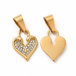 Golden Ion Plating(IP) 304 Stainless Steel Pendants, with Crystal Rhinestone and 201 Stainless Steel Snap on Bails, Heart Pad Charms, Golden, 19x14x2mm, Hole: 4x9mm