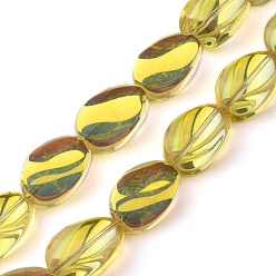 Yellow Transparent Electroplate Glass Bead Strands, Half Rainbow Plated, Teardrop, Yellow, 18.5x12.5x6mm, Hole: 1mm, about 40pcs/strand, 29.29 inch(74.4cm)