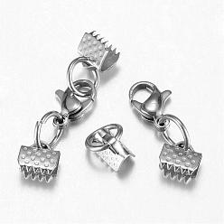 Stainless Steel Color 304 Stainless Steel Lobster Claw Clasps, with Ribbon Ends, Stainless Steel Color, 33mm