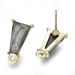 Black Alloy Stud Earring Findings, with Loop, Resin and Steel Pins, Trapezoid, Light Gold, Black, 16x9mm, Hole: 1.6mm, Pin: 0.7mm