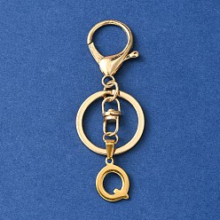 Letter Q 304 Stainless Steel Initial Letter Charm Keychains, with Alloy Clasp, Golden, Letter Q, 8.5cm